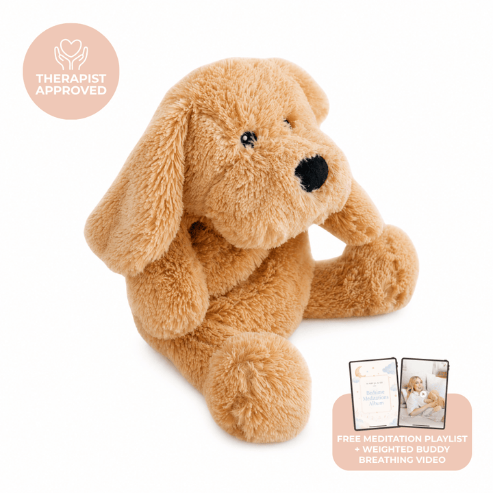 Charlie the Weighted Puppy Dog, a fluffy golden plush puppy, with a Therapist Approved badge and free meditation playlist