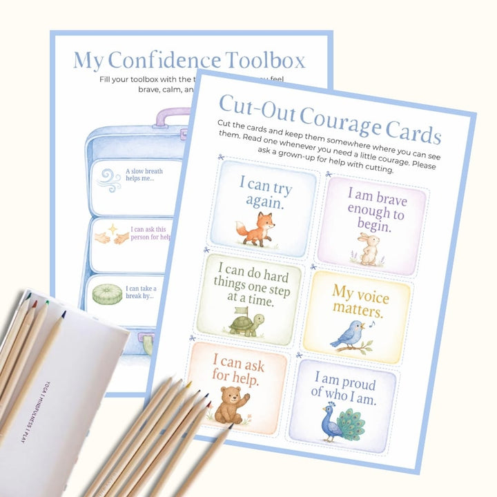 My Confidence Toolbox and Cut-Out Courage Cards pages from the Confidence Builder Kit with pencils