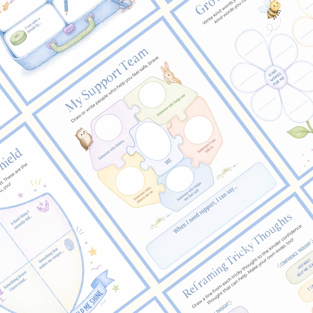 Confidence Builder Kit printable pages including My Support Team and Reframing Tricky Thoughts