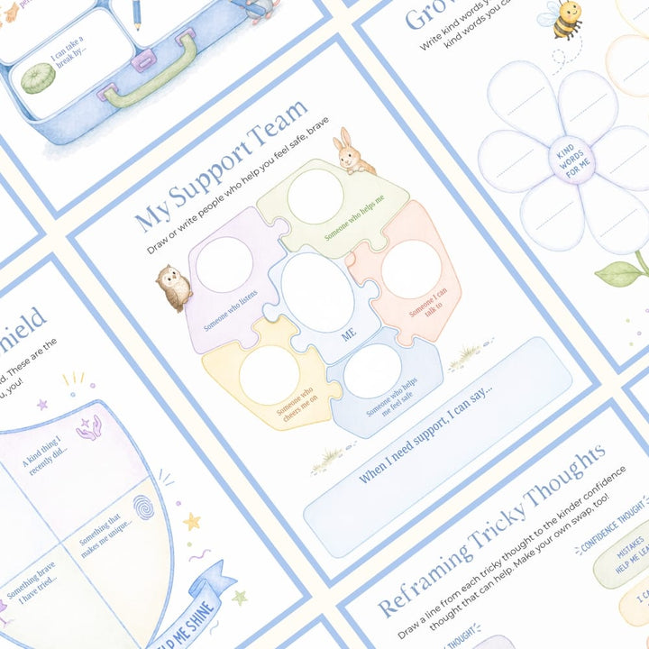 Confidence Builder Kit printable pages including My Support Team and Reframing Tricky Thoughts