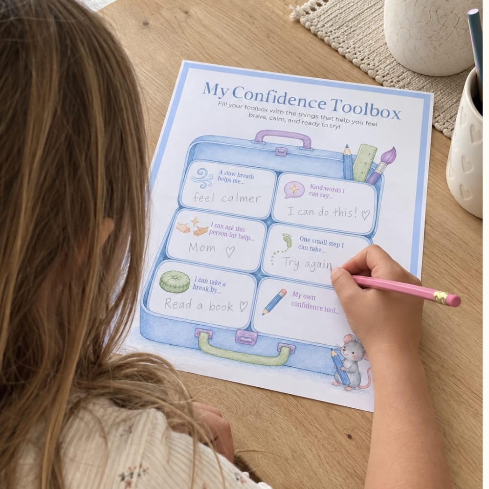Child filling in the My Confidence Toolbox worksheet from the Confidence Builder Kit