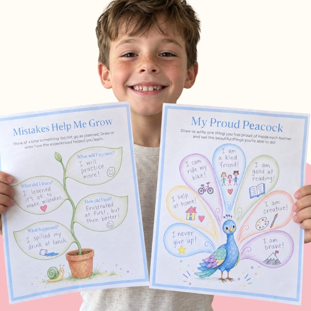 Smiling boy holding Mistakes Help Me Grow and My Proud Peacock pages from the Confidence Builder Kit