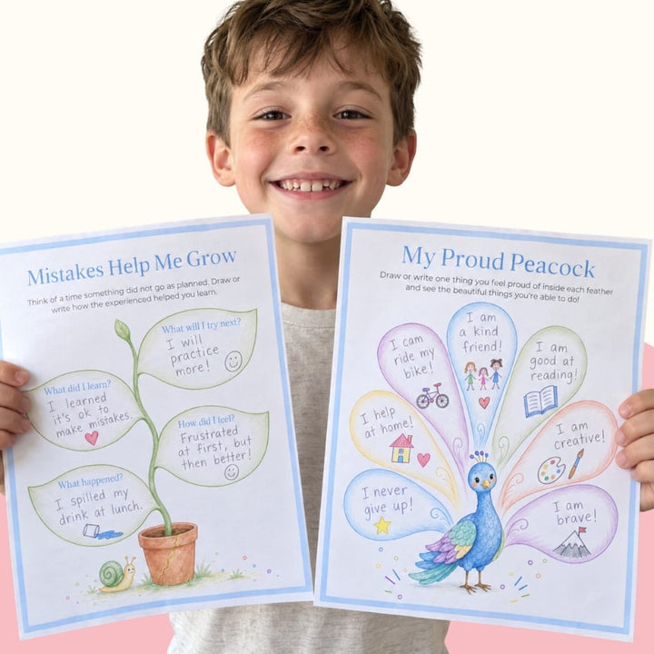 Smiling boy holding Mistakes Help Me Grow and My Proud Peacock pages from the Confidence Builder Kit