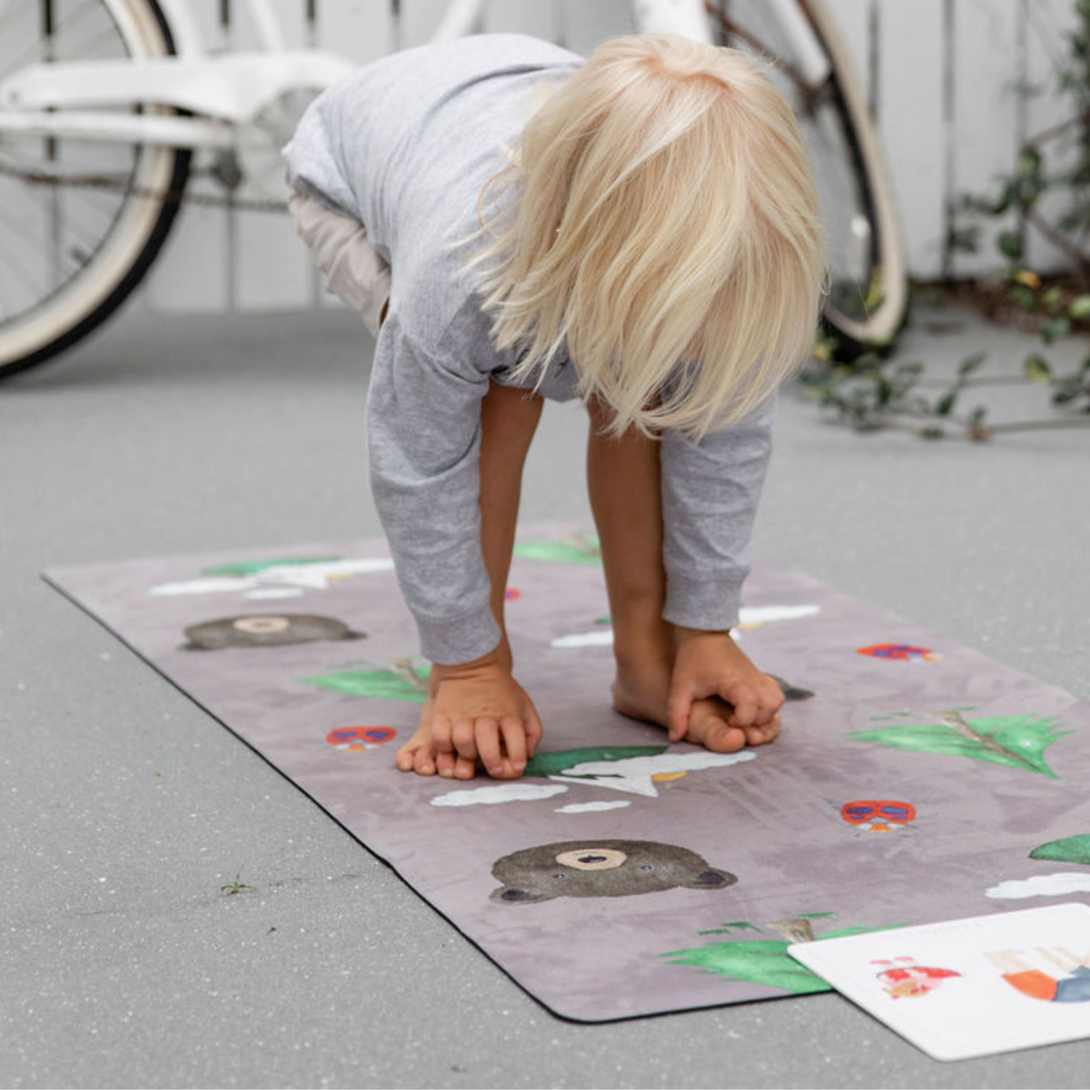 CopyCat Yoga instructional yoga mat works with any height. #yogamat #yoga  #learnyoga #kidyoga